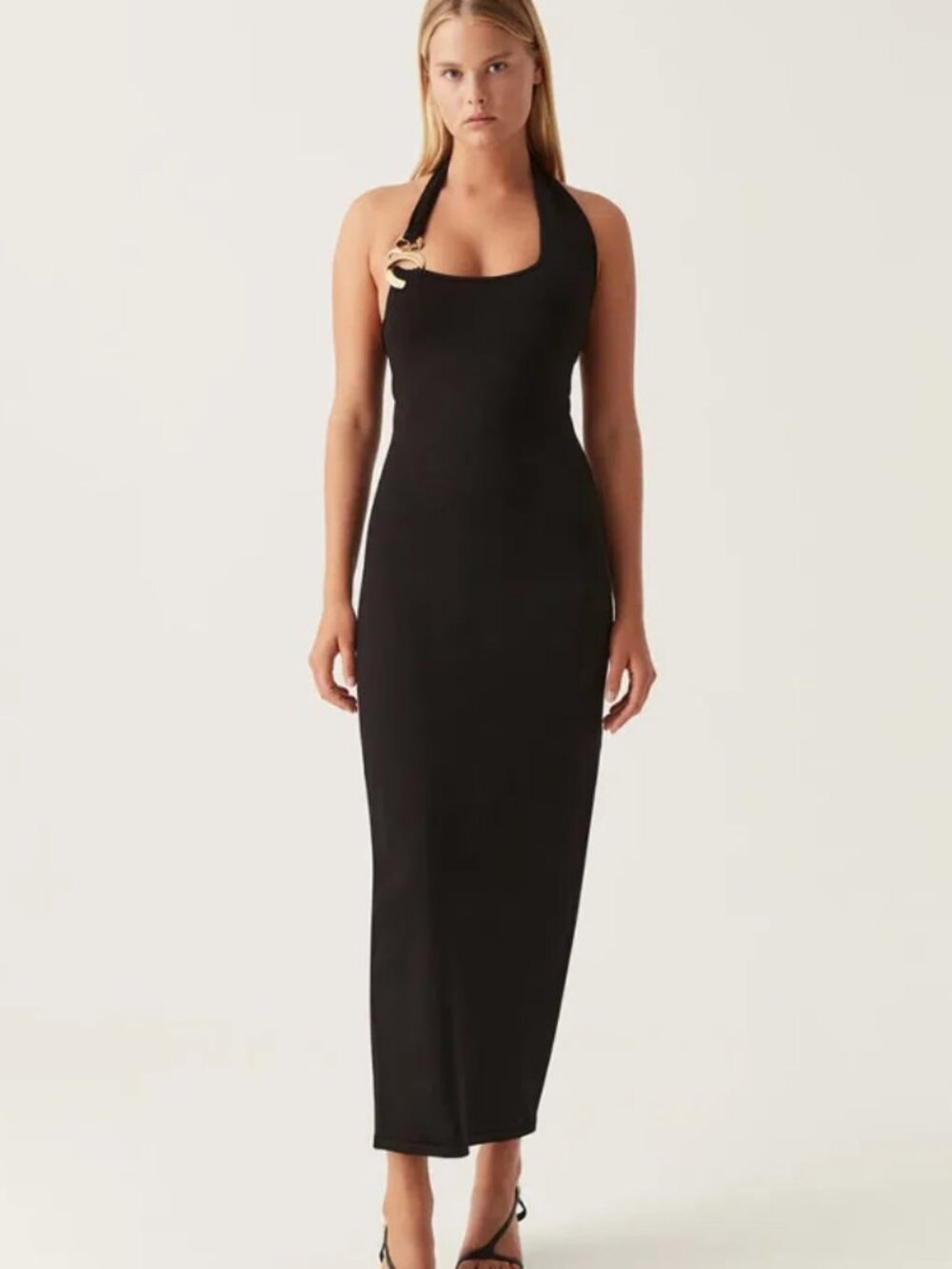 NWT Aje Enigma Women's Black Halter Dress with Gold Ring Detail Size XXS